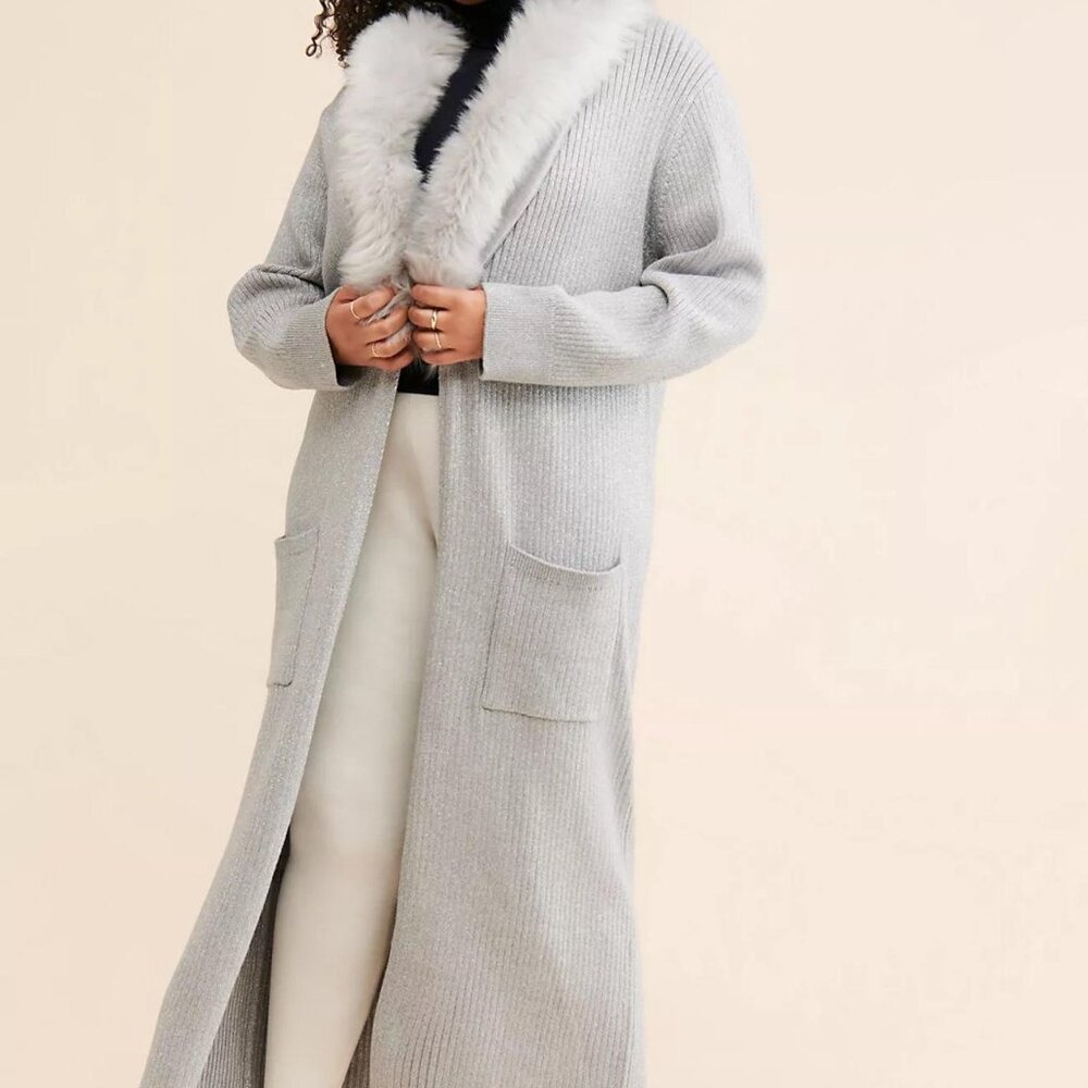 NWT  Show me your mumu silver sparkle cardigan with faux fur collar